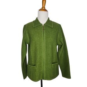 Vintage Boiled Wool Zip Up Jacket Green Holiday Lisa International Women Large